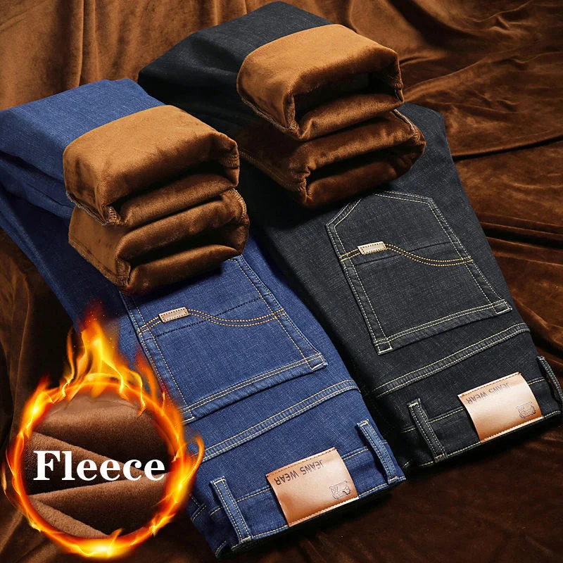 Brand Autumn Winter Warm Flocking Denim Soft Man Activities Fleece Line Men Jeans Black Blue Grey Colors