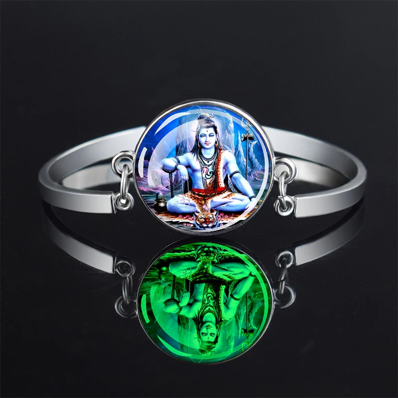 Hinduism God Bracelets Ganesha Durga Vishnu Kashmi Shiva Amulet Luminous Glass Cabochon Bracelet Women Glow In The Dark Jewelry