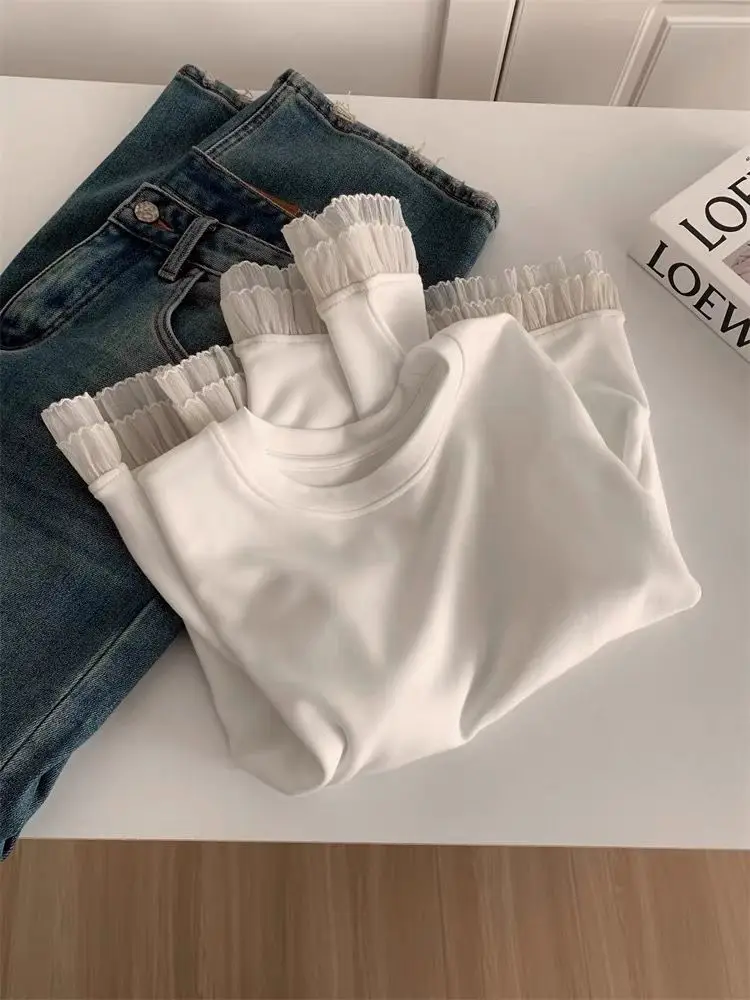 Y2K الدانتيل التي شيرت المرأة الرجعية المرقعة كم طويل الرقبة المستديرة نحى قاعدة ملابس خارجية أوائل الربيع