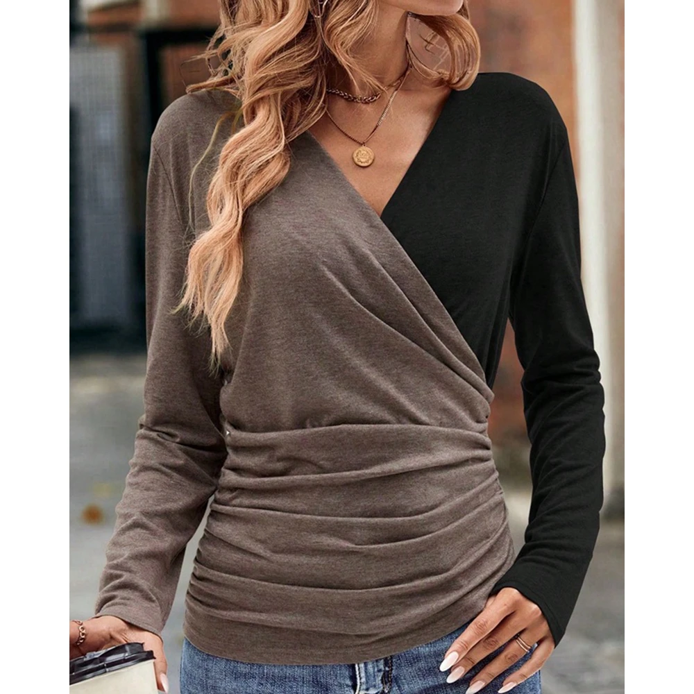 Fashion Women Colorblock Print Ruched Long Sleeve T-Shirt Tees Casual Basic Tops Spring T-Shirts Blouse Fall Daily Clothing