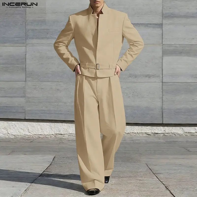 

Мужской костюм INCERUN: однотонный пиджак с воротником-стойкой и брюки, комплект из двух предметов, уличный стиль, модный мужской костюм 2026