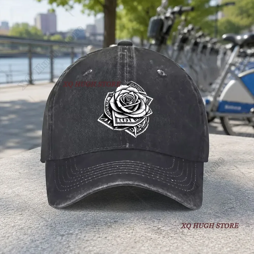 Tattoo Style Dollar Rose Print Washed Cotton Cap Fishing Cowboy Sun Hats Hip Hop Mens Snapback Cap