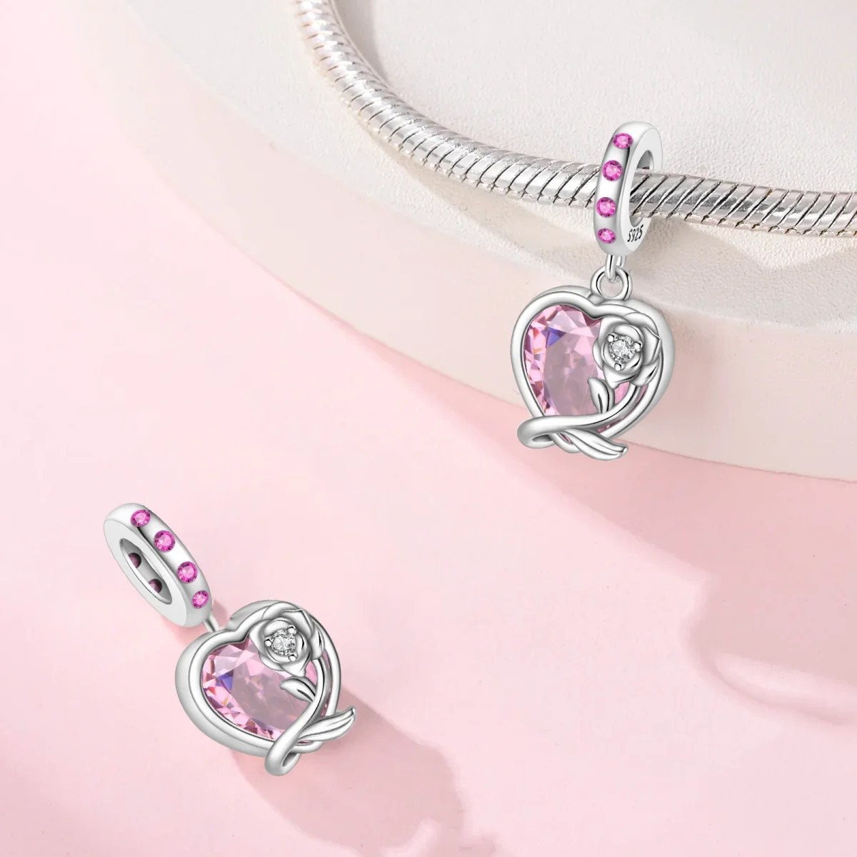 925 Sterling Silver Valentine\'s Day Pink Rose Charms Heart Beads Fit Original Bracelet Diy Anniversary Jewelry for Women