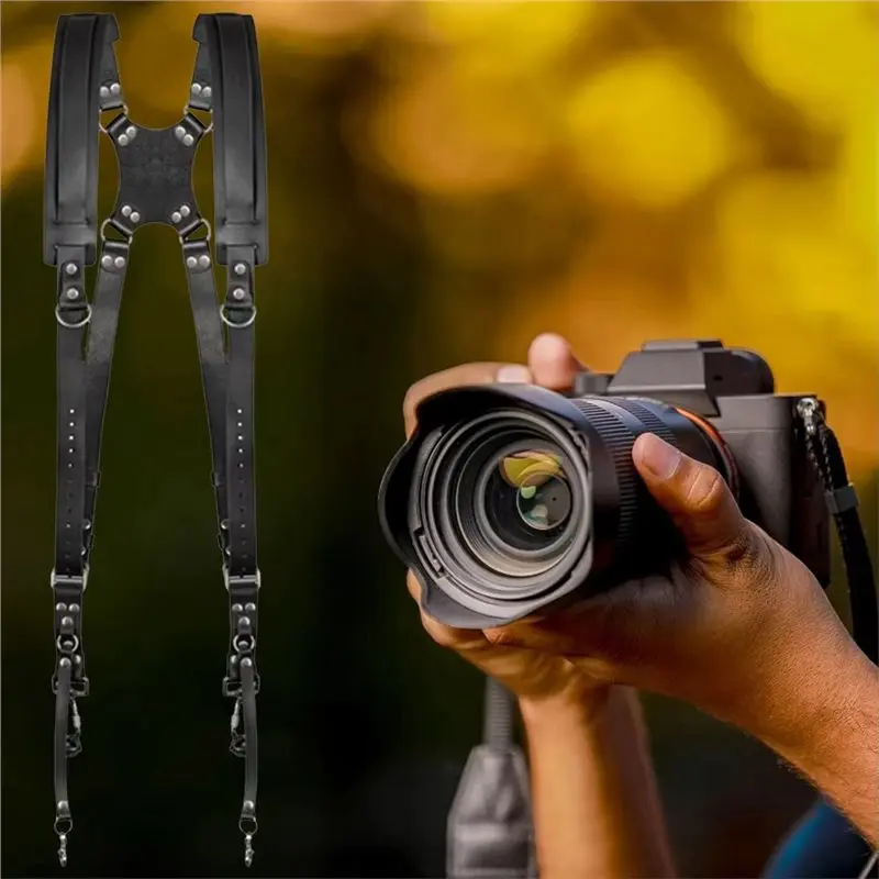 Delicate texture-Portable Harness Double Shoulder Camera Strap Adjustable Leather Camera Shoulder Belt Outdoor Photography Tools