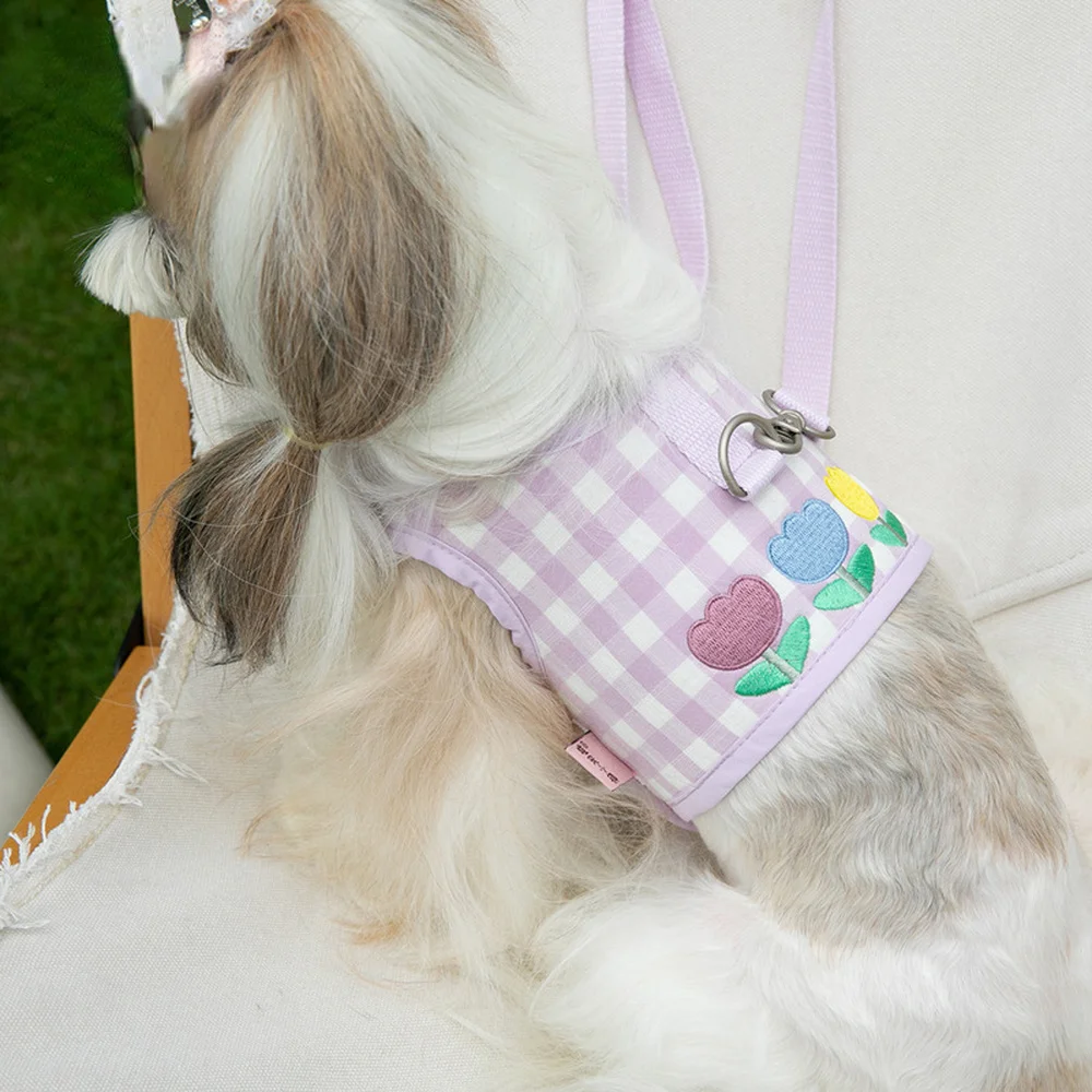 Tulip Embroidered Chest Strap Pull Rope Plaid Chest Strap Walking Dog Cat Vest Clothes Teddy Schnauzer Maltese Chihuahua