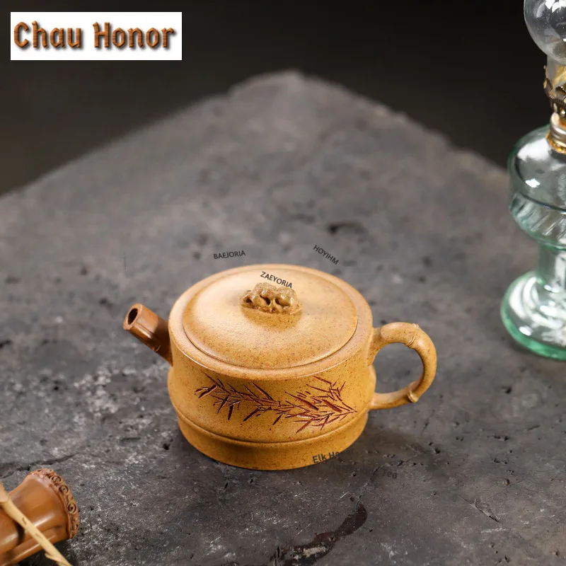 

150ml Yixing Purple Clay Teapots Famous Artists Handmade Bamboo Section Pot Raw Ore Dragon Bone Gold Sand Kettle Zisha Tea Set