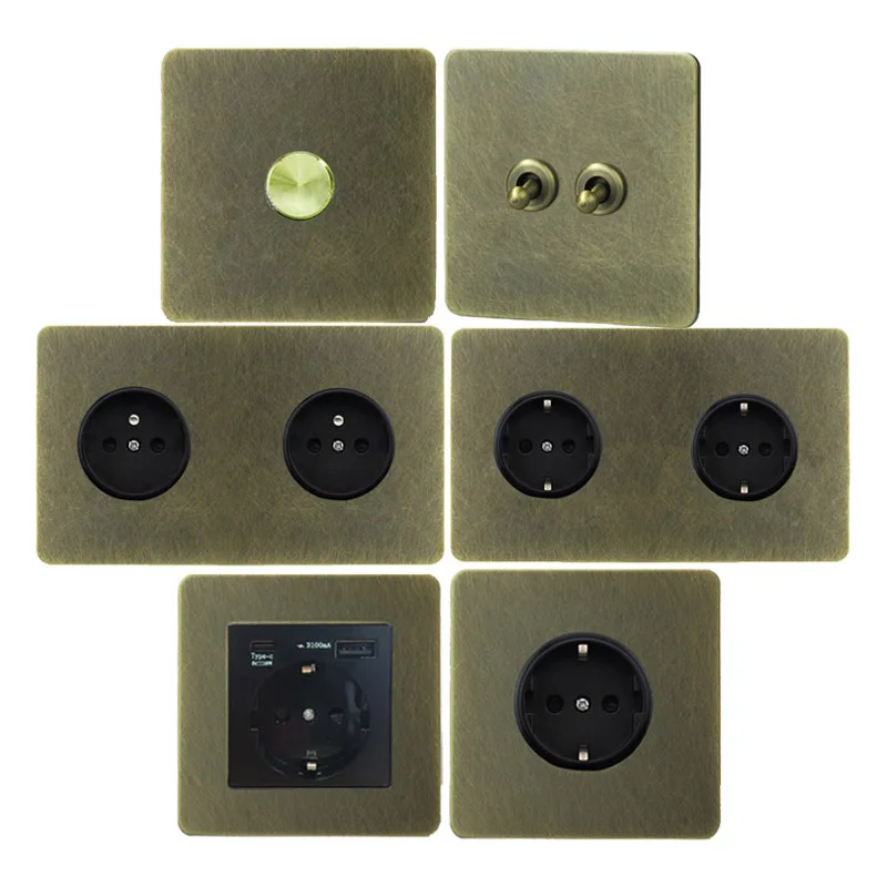 

Двойная розетка EU FR, настенный тумблер из нержавеющей стали, бронза с неровными узорами, панель для обустройства дома