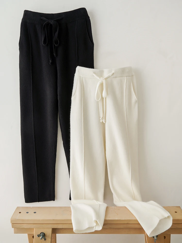 Pantalones pitillo de lana merina para mujer, pantalones de punto de Cachemira, estilo Simple, suaves y cálidos, costura media, cuatro planos, otoño e invierno, 100%