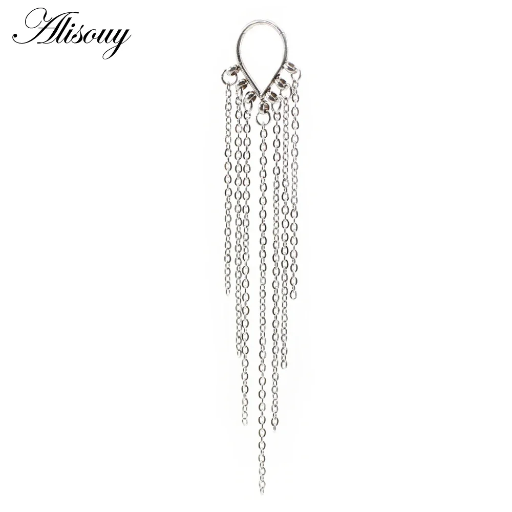 Alisouy 1PC Stainless Steel Water Drop Tassel Chain Clicker Piercing Nose Septum Rings Segment Daith Helix Hoop Nostril Earrings