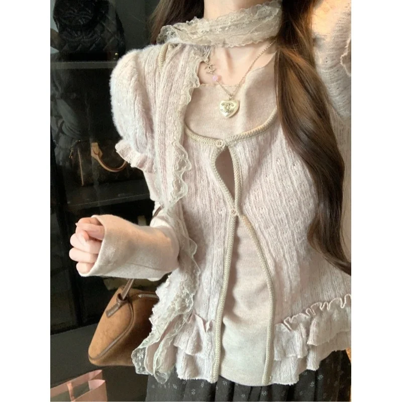 Korean Open Cardigan Women's Winter Fashionable Long Sleeves Slimming Inner Wear Top Scarf Tee Piece Set Commute Sle Ensemble
