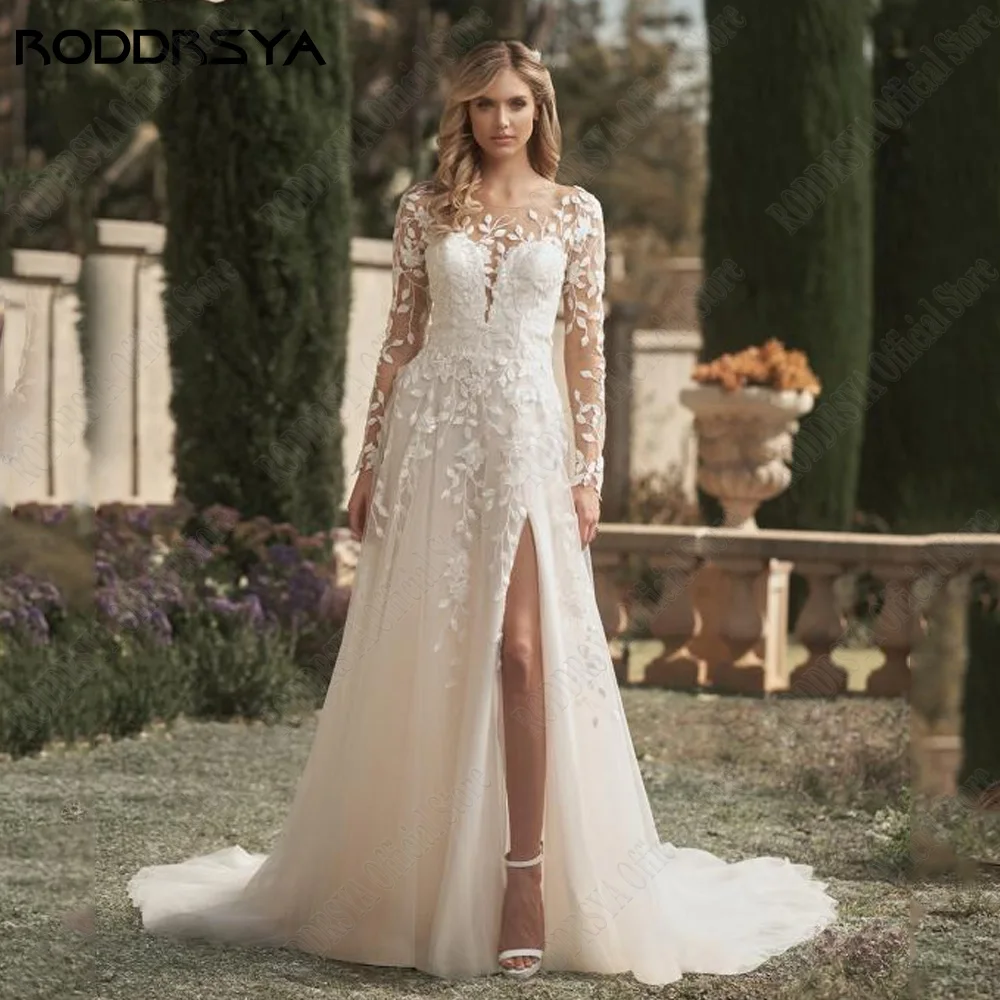 RODDRSY Civil Wedding Dress For Bride Long Sleeves Illusion Back Bride Party Gowns Side Split Applique A-Line vestidos de novia