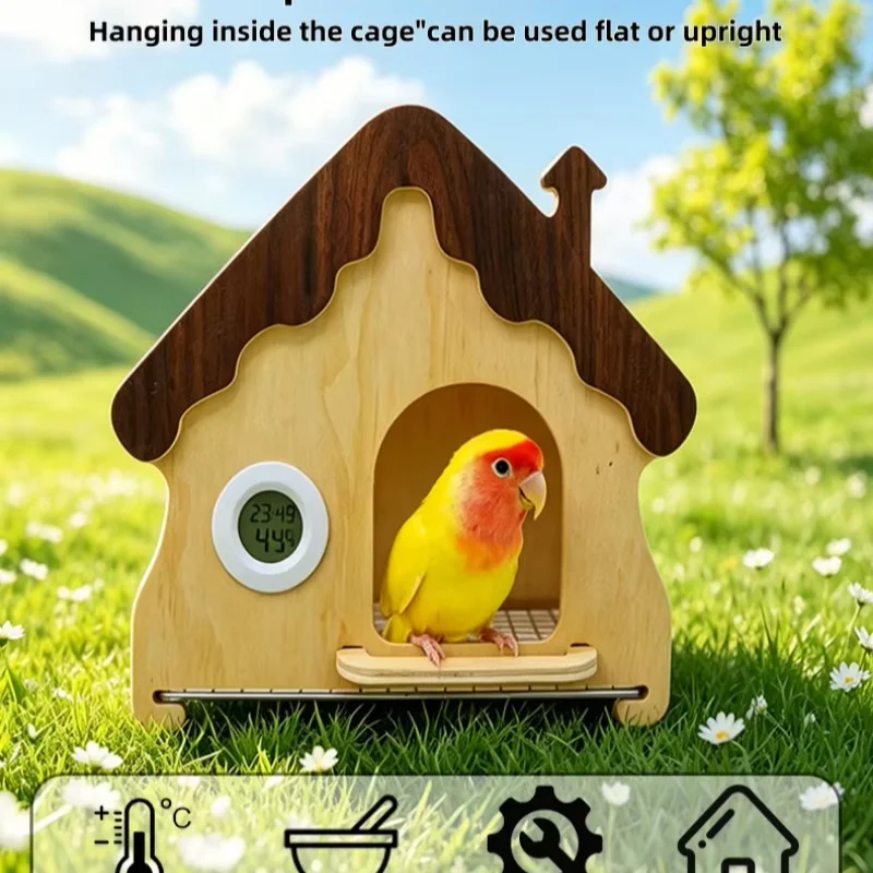 Solid Wood Bird Breeding Box with Removable Slide Out Tray for Cockatiel Budgie Parrot Nest House Hideaway Cage Accessory