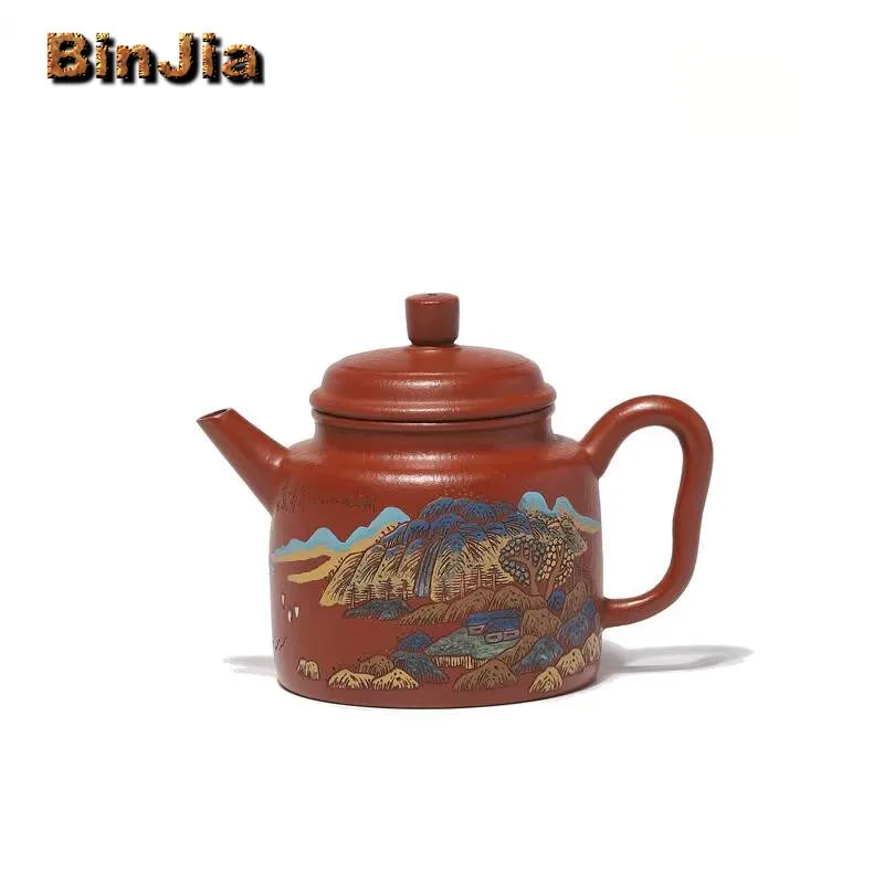 200Ml Yixing Purple Clay Teapots Handmade Colored Drawing Dezhong Pot Raw Ore Zhu Mud Kettle With Filter Zisha Tea Set Craft