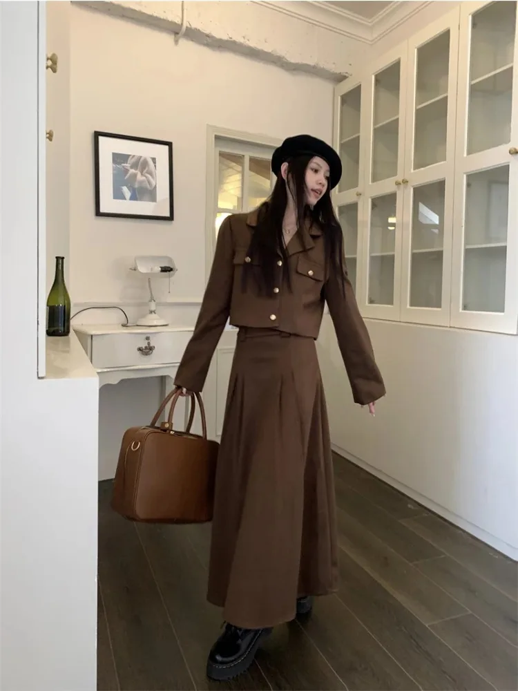 UNXX Fall/Winter College Style Cropped Blazer Suits Pleated Skirt Set Vintage Casual Single-breasted Coat + Skirt Two-piece Sets