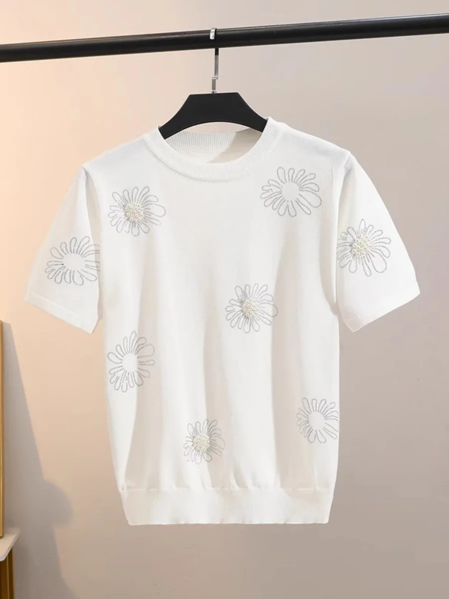 Elegant Pullover Sweater Women Knit T-shirt Summer 2024 Fashion Flower Beading Short Sleeve Stylish Jumper Y2k Casual Tops