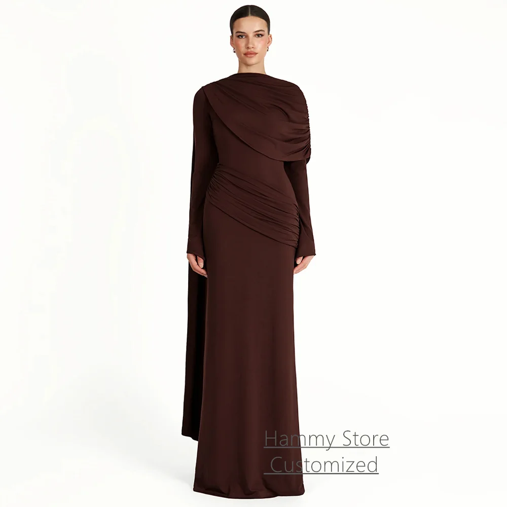 Maßgeschneidertes muslimisches Abendkleid, schlichtes O-Ausschnitt-Kleid mit langen Ärmeln, gerafften Falten, bodenlang, arabisches Ballkleid, Partykleider