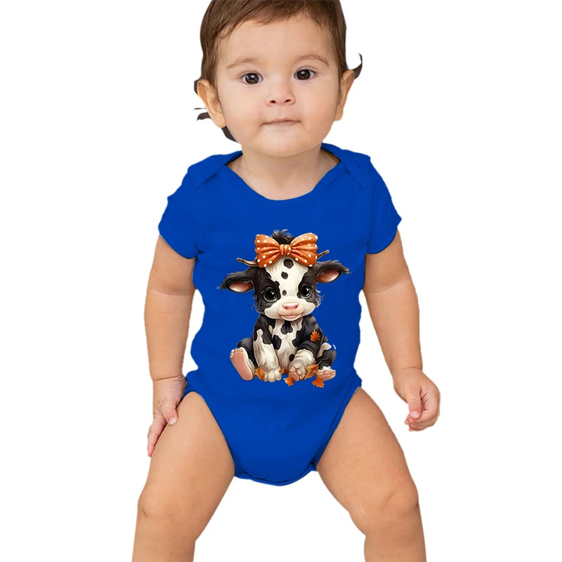 Cute Bowtie Cow Graphics Baby Bodysuits Cotton Short Sleeve Boys Girls Fashion Outfits Cartoon Short Sleeve Rompers Baby Clothes