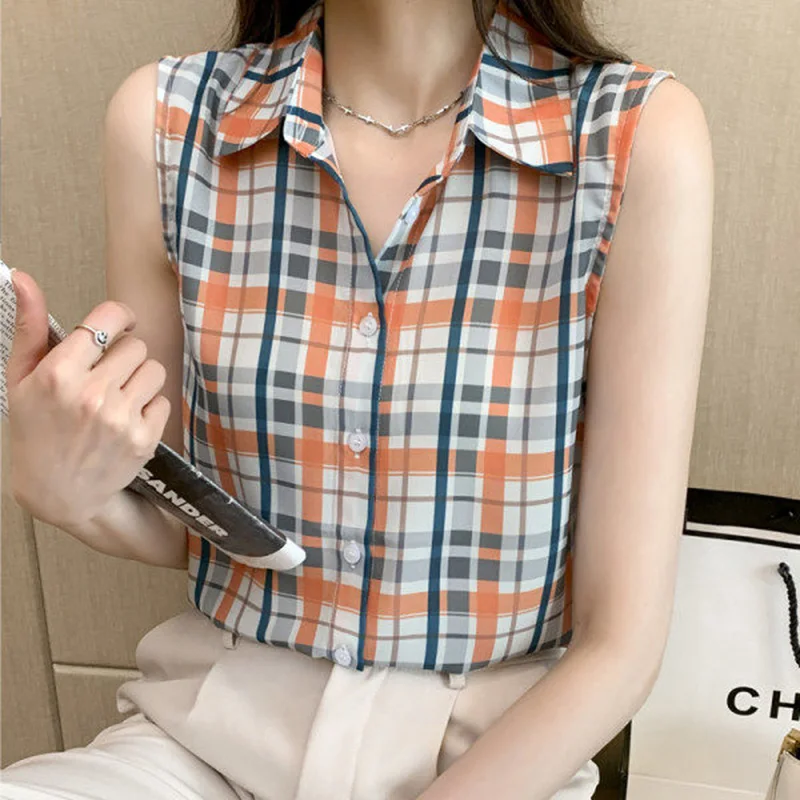 Fashion Lapel Button All-match Lattice Shirt Women\'s Clothing 2023 Summer New Casual Tops Sleeveless Office Lady Blouse