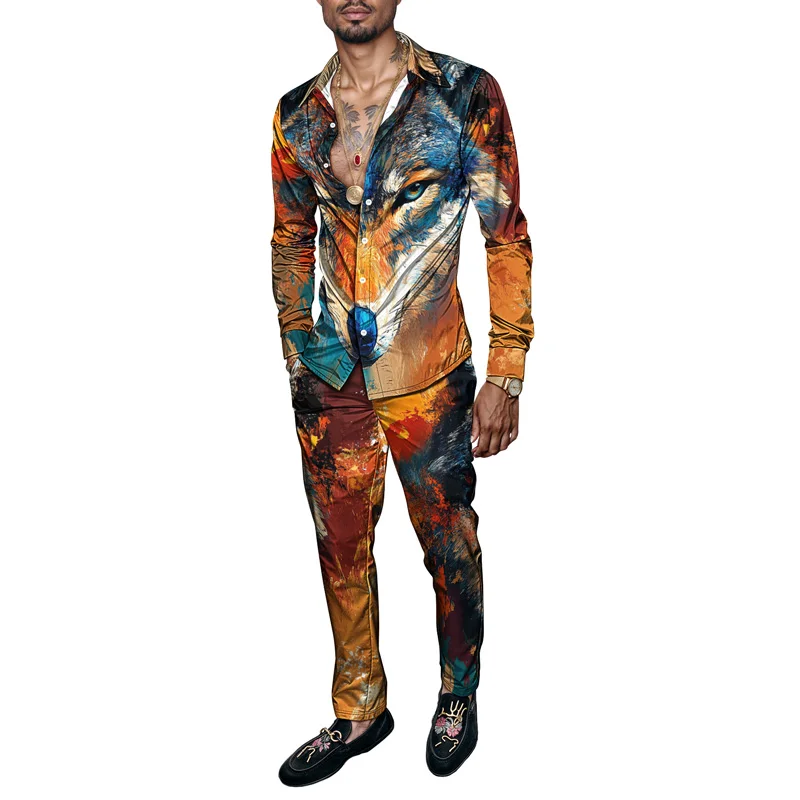 

2026 Spring Summer Men Shirt Set Premium Wolf Print With Starlit Sky Pattern 2 Piece Set Mens Universe Inspired Lightweight