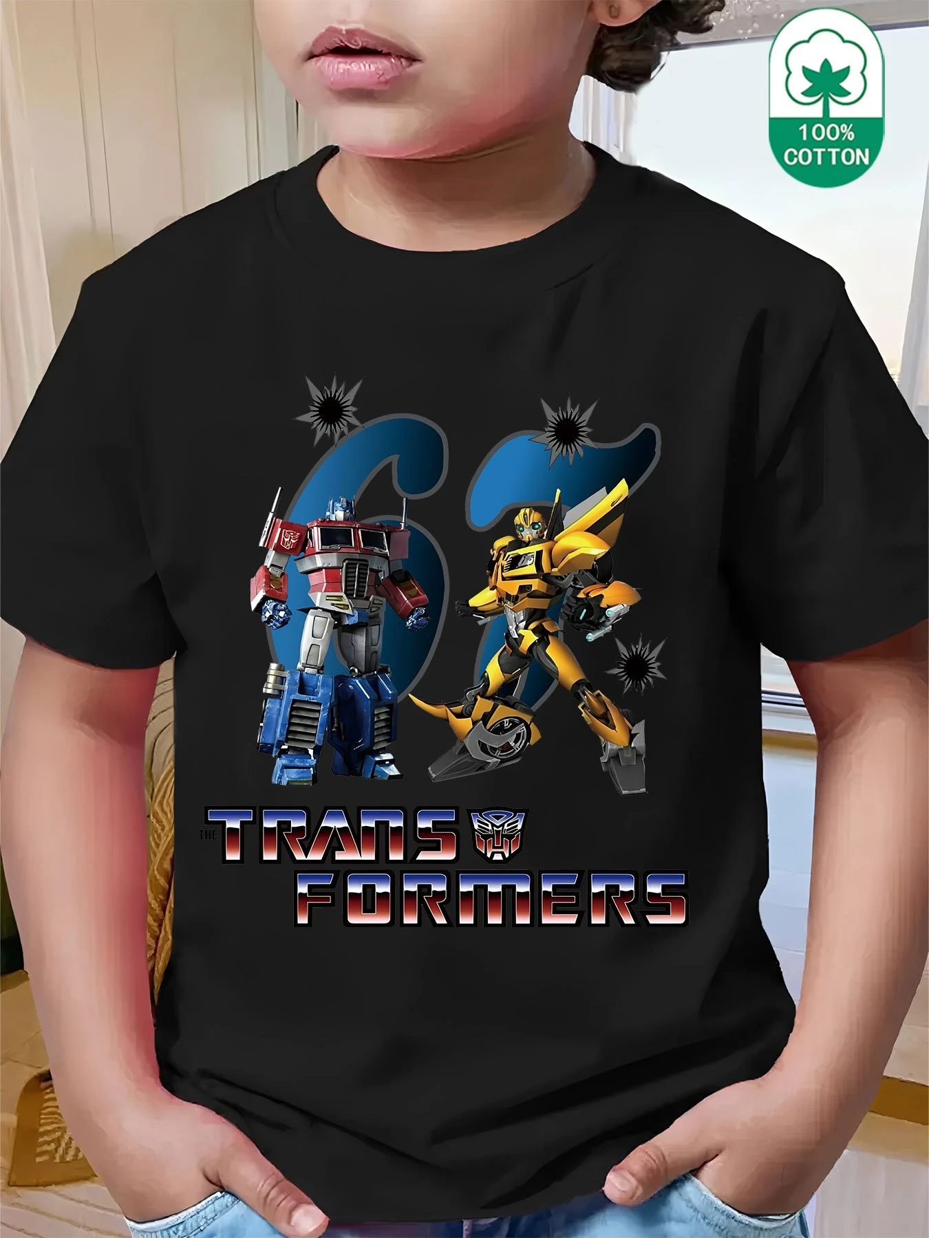 Transformers animados "Optimus Prime y Bumblebee" 67 números camiseta con estampado creativo, moda casual cuello redondo