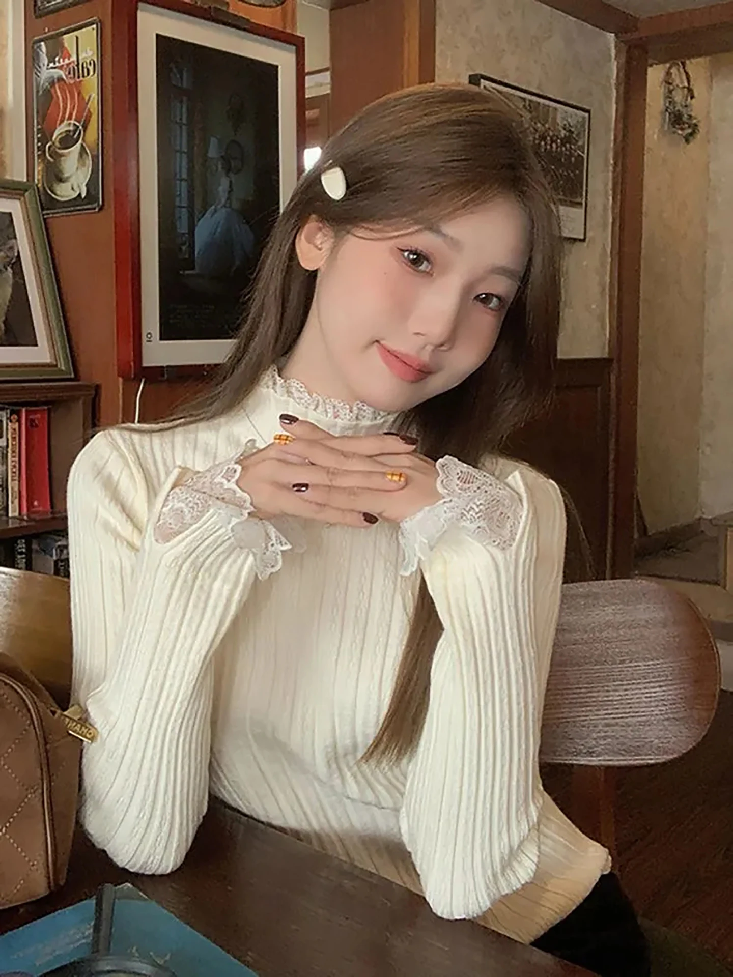 

Sweet Anti-Aging Knitwear Women's Winter New Sle Korean Sle Lace Trim Splicing High-End Sense Versatile Top