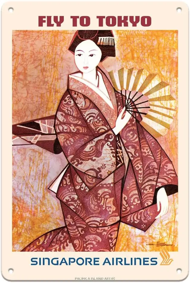 Pacifica Island Art Fly to Tokyo Japan - Geisha - Singapore Airlines - Vintage Airline Travel Poster by Seah Kim Joo c.1960s - c