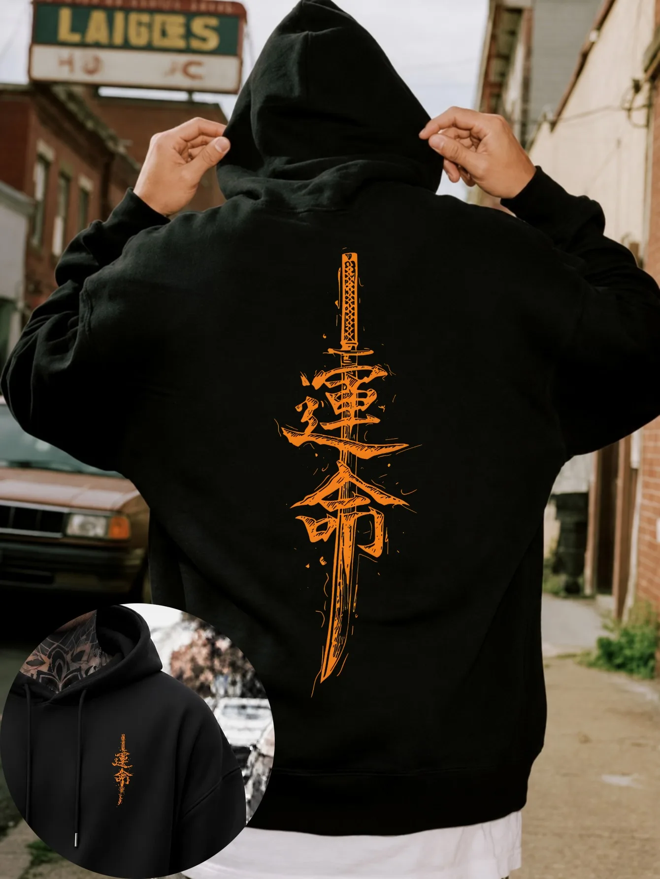 Men's Halloween Japanese Kanji Sword Graphic Pullover Hoodie Streetwear Fall Winter Outdoor Orange Back Print Chest Detail