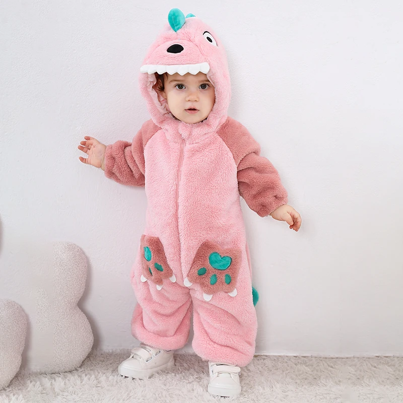 Lovely Dinosaur Newborn Baby Girl Clothes Bodysuit Plush Soft Warm Toddler Jumpsuit Halloween Kid Infant Pajamas Overalls Zipper