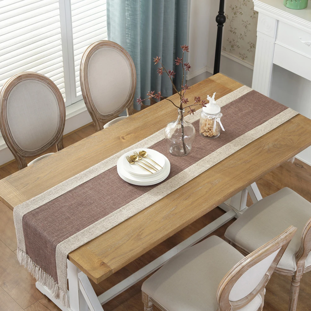 

Tassel Double Table Runner Cotton Linen Table Cloth Brown Size 2 Party Decoration Home Wedding Accessory Warm Atmosphere