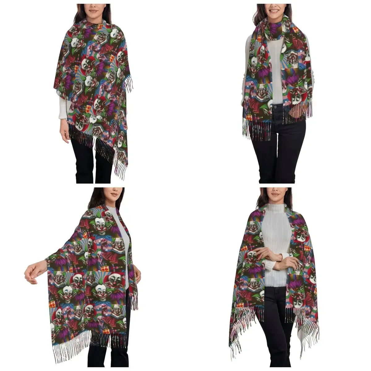 وشاح فيلم Killer Klowns من الفضاء الخارجي أوشحة شرابة للنساء شالات دافئة ناعمة ويلتف شال طويل للخريف والشتاء