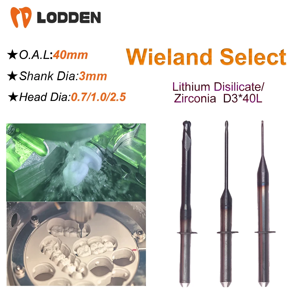 Wieland Select Dental Milling Burs Grinding Zirconia/Lithium Disilicate D3 Shank 40mm Length 0.7/1.0/2.5mm Dental Grinding Tool