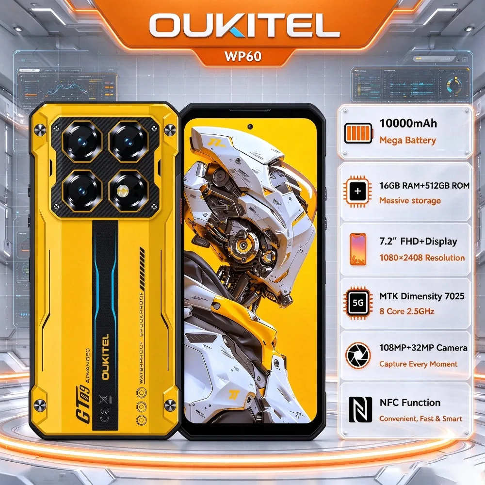 OUKITEL WP60 5G Rugged Smartphone 7.2” Display 16GB +512GB HD+120Hz MTK7025 10000mAh Android15 108MP Camera NFC Mobile Phone