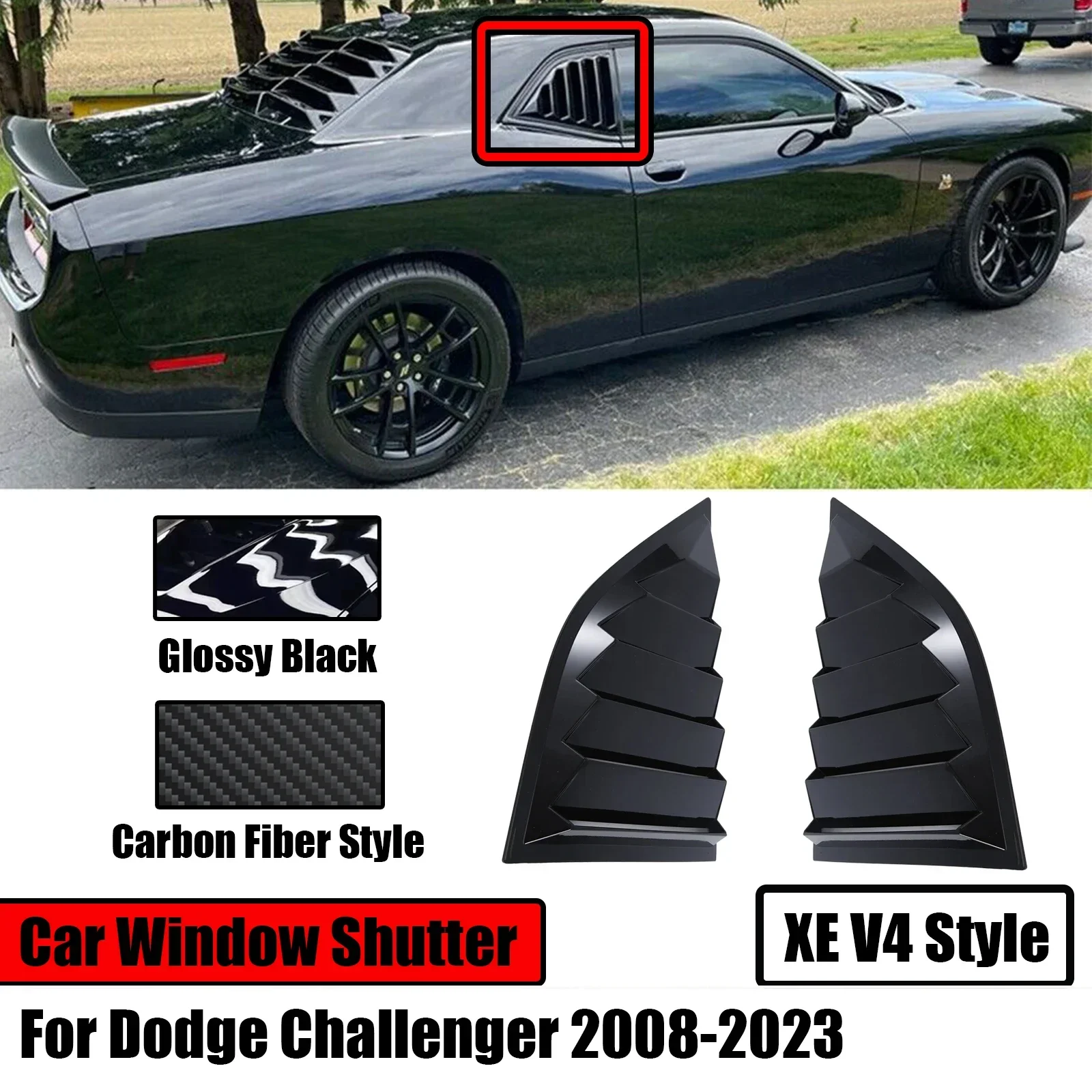 Car Window Shutter For Dodge Challenger 2008-2023 Rear Side Vent Louver XE V4 Style Cover Trim Auto Parts Glossy Black