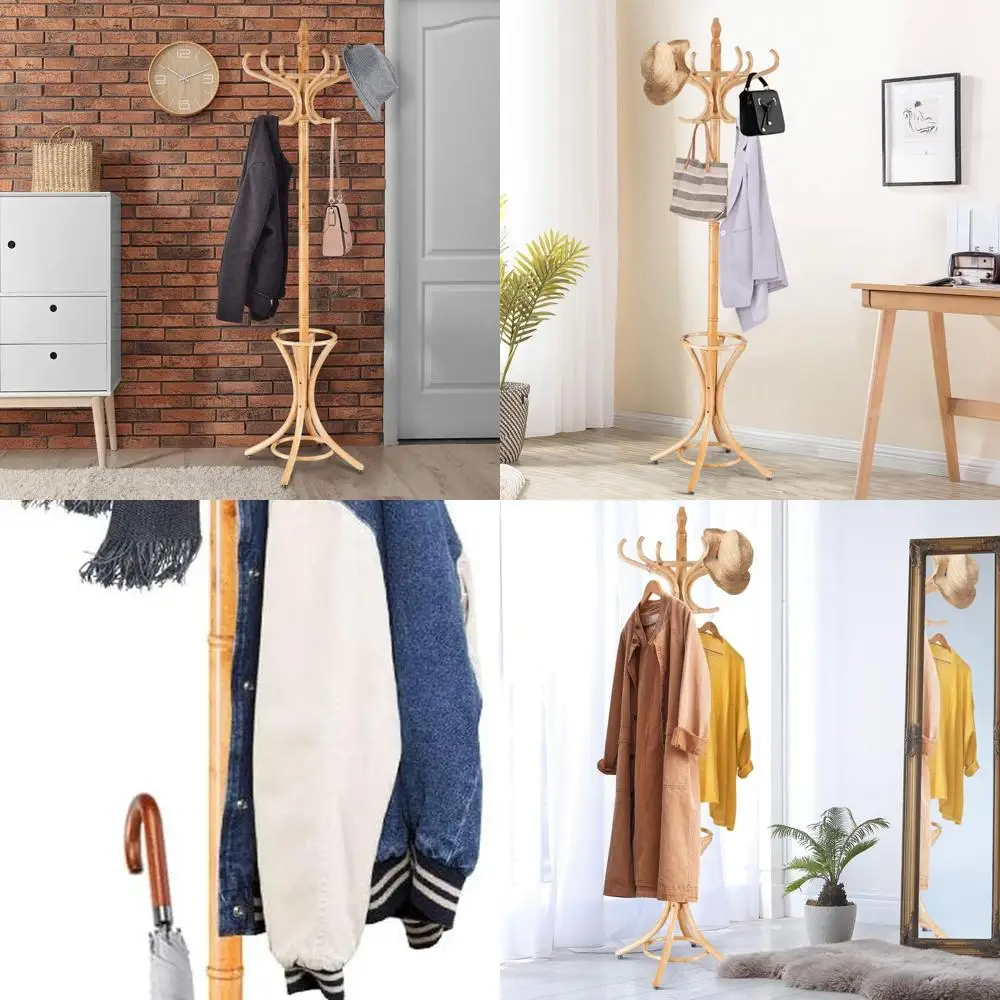 

Oak Wooden Freestanding Coat Rack with 12 Hooks and Umbrella Stand, Ideal for Entryway, Hat and Bag Organizer