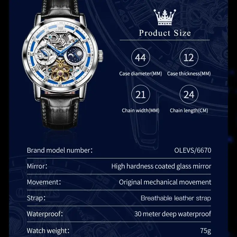 OLEVS-reloj mecánico automático para hombre, cronógrafo de pulsera de alta gama, resistente al agua, luminoso, a la moda, 6670