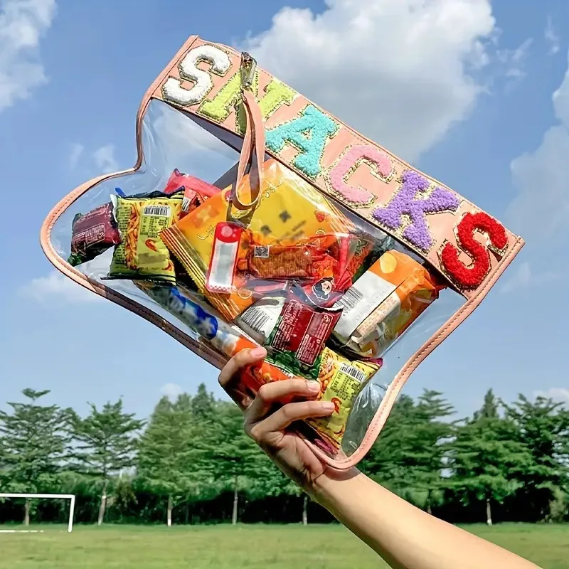 Snack storage bag, transparent zipper bag, embroidered letter handbag for makeup, portable waterproof toiletry bag