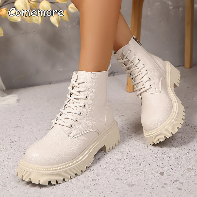 Fashion Gold PU Leather Platform Ankle Boots Women Thick Sole Lace Up Brown Booties Woman Autumn Winter Chunky Heel Short Boots