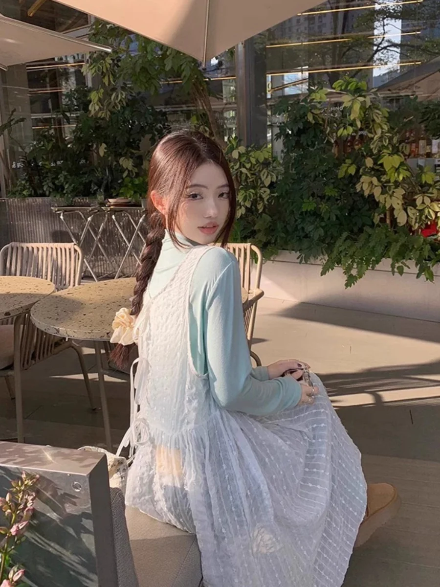 Gilet long transparent en dentelle Dr Vêtements intérieurs de printemps pour femmes T-shirt Sve Taille haute Jupe trapèze U-neline Couleur pure Commu...