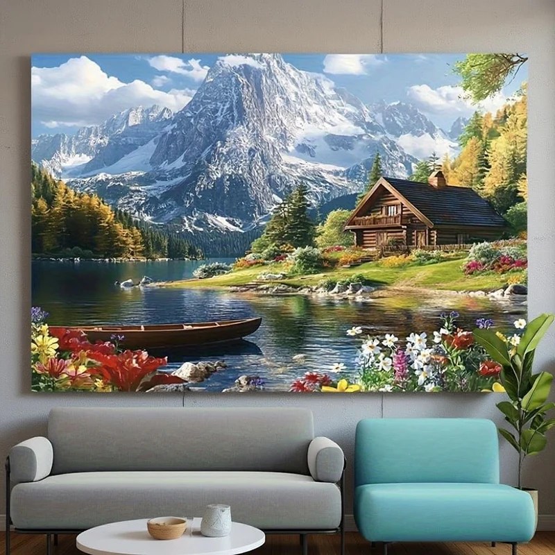 1PC Mountain Lake Cabin View Print Backdrop Banner, Bedroom Living Room Photo Background, Polyester, Home Decor, Wall Art