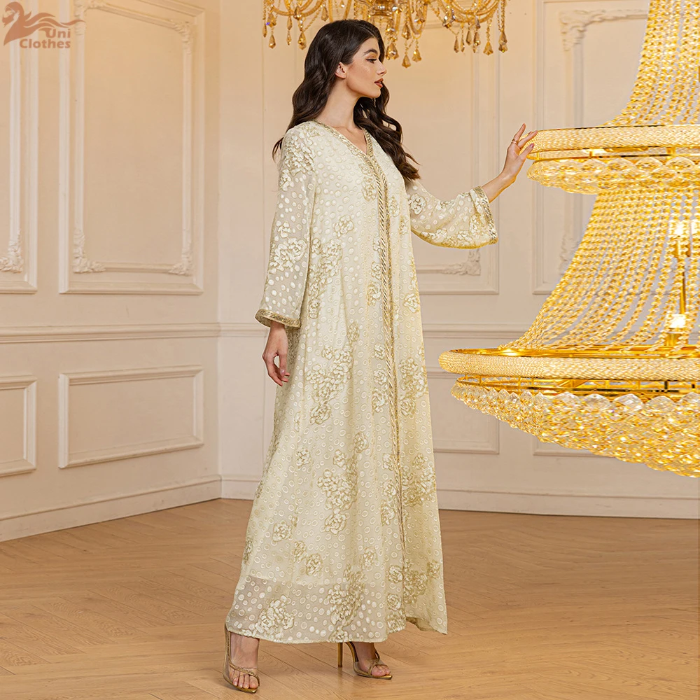 2025 printemps mousseline de soie paillettes Jalabiya Eid Djellaba dubaï Abaya robe musulmane pour les femmes Islam vêtements Kebaya Caftan Marocain Femme