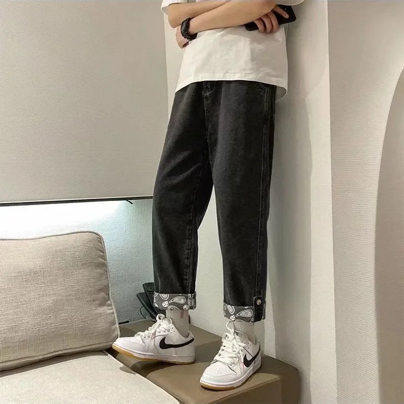 Men Denim Pants Vintage Straight Jeans Baggy Trouser Prints Patchwork Black Man Colthing Streetwear Design Casual Solid Slim