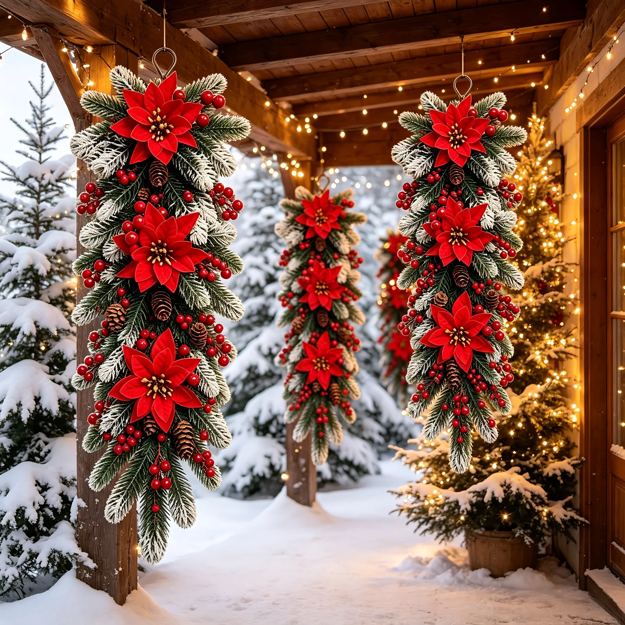 2 Pieces of Falling Snow Christmas Inverted Floral Art, Featuring Plush Pine Branches Covered with Faux Snow, Paired with Vibra
