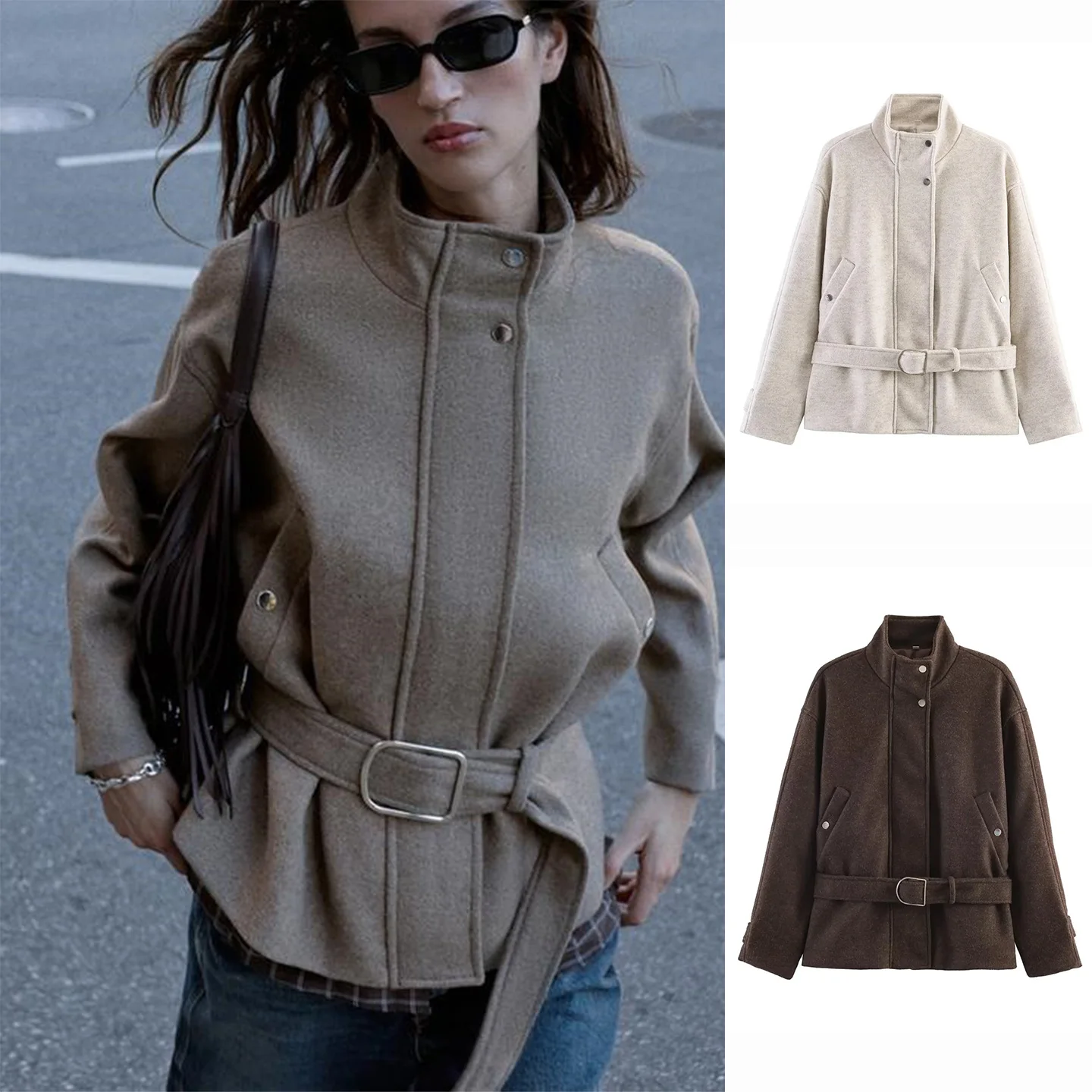 

Spring Summer New Women's Hidden Zipper Stand Collar Long Sleeve Belted Short Coat Jacket Casual Style Polyester Fiber