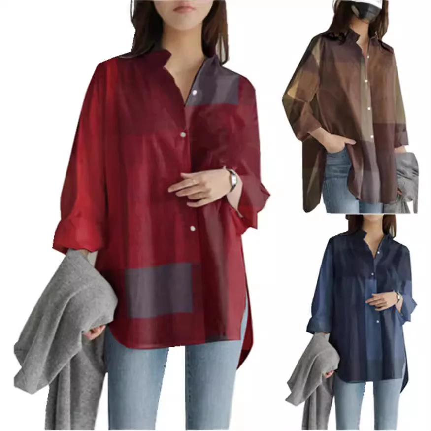 

2025 Summer Plaid Check Shirts Vintage Long Sleeve Blusas Women Fashion Irregular Blouse Oversized Female Casual Chemise