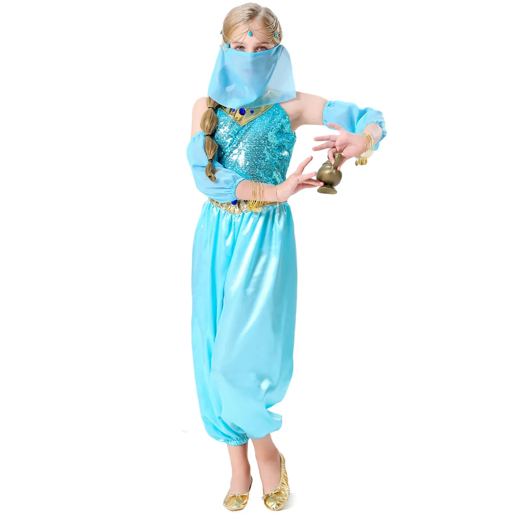 Costume d'Halloween de Princesse Jasmine pour Fille, Combinaison de brevdu Ventre, Aladdin, Lampe, Enfant, Pourim, Robe de Barrage Arabe