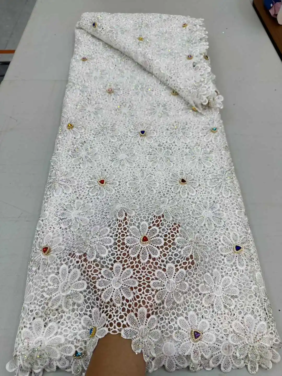 

Hot Sale 2025 New Guipure Lace Fabric With Stones New African Nigerian French for High End Wedding Party Bride Sewing Dress