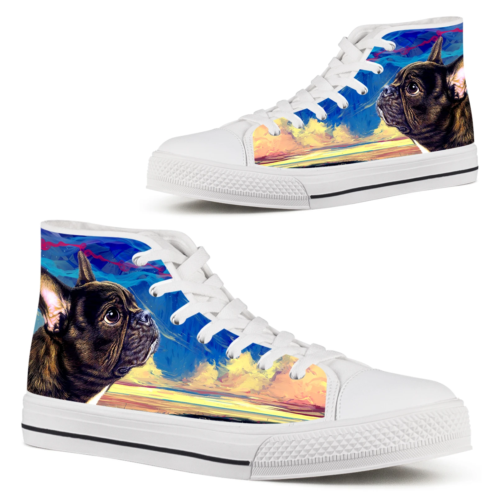 

ELVISWORDS Van Gogh Starry Night Oil Painting Pug Dog Designer Shoes For Lady Girls White Lace-up High-top Canvas Shoes Bulldog