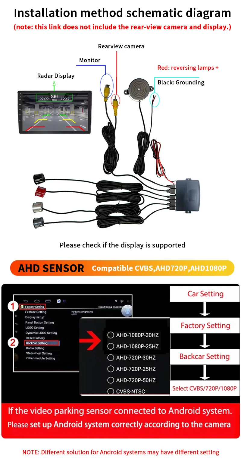 Rückfahrsensor-System mit 4 Wasserdichten Sensoren 22mm AHD/CVBS-Kompatible Anzeige Auto-Sicherheitsradar für Fahrzeuge, LKWs, Vans, Wohnmobile – Detail 2