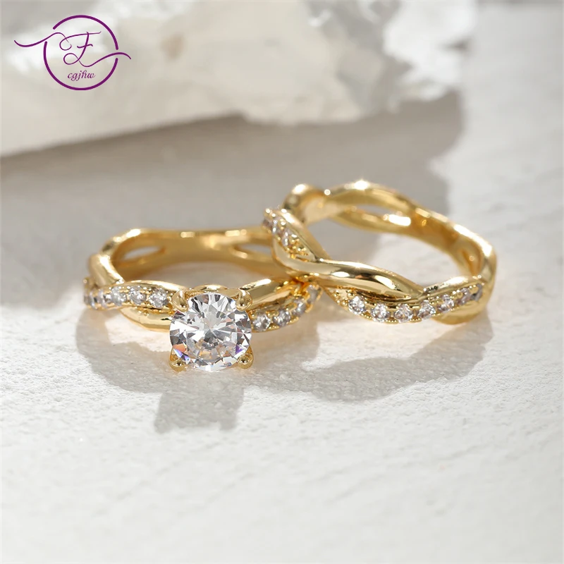 

Dainty Round Zircon Rings for Women Silver Gold Color Crystal Stone Crossed Wedding Bands Engagement Anniversary Bridal Sets
