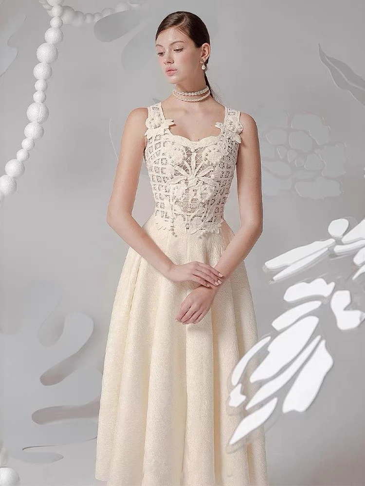 DEAT Elegant Dress Slip Hook Flower Hollow Embroidery Lace Patchwork Women's Evening Party Dresses 2024 Autumn New Tide 35Z791